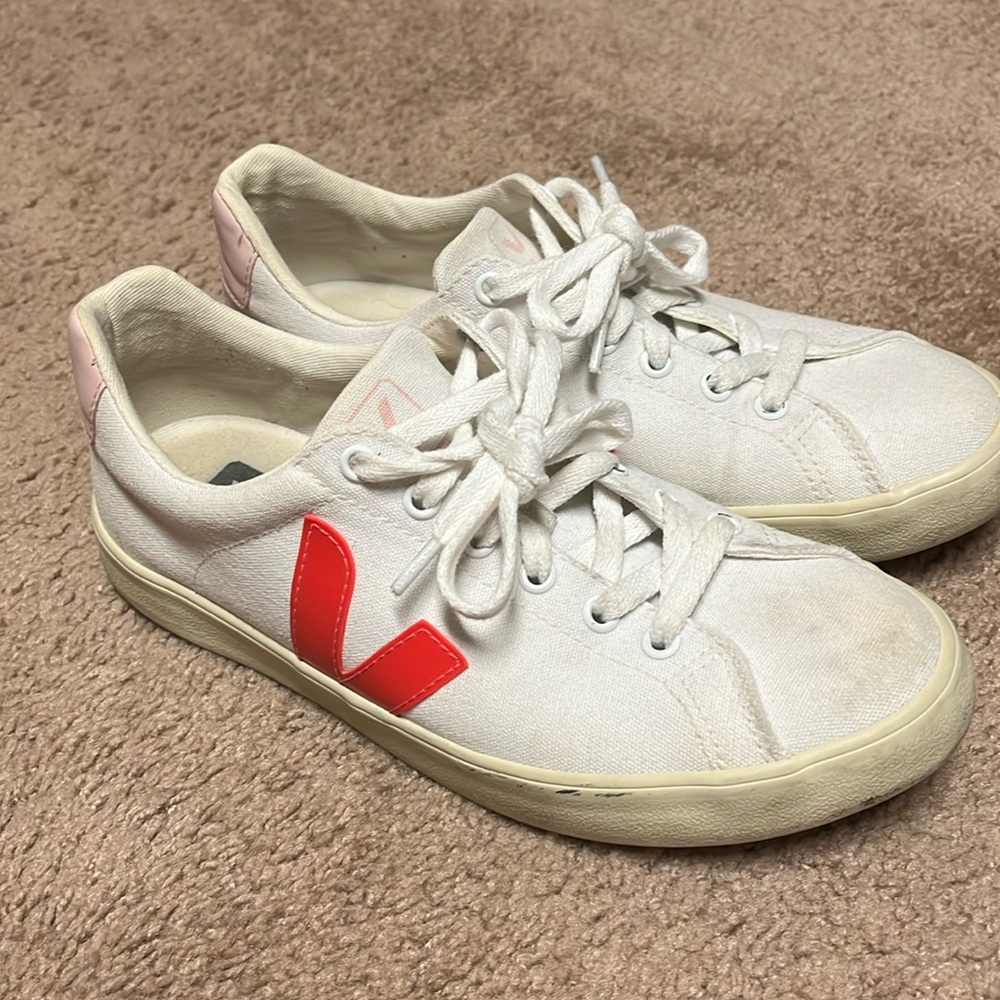 Veja White Sneakers with Red V and Pink Heel Accent